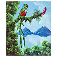 'Quetzal y flor' - Pintura al óleo impresionista de pájaro quetzal con flor
