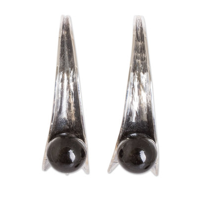 Jade drop earrings, 'Shadow Vitality' - Modern Sterling Silver Drop Earrings with Black Jade Jewels