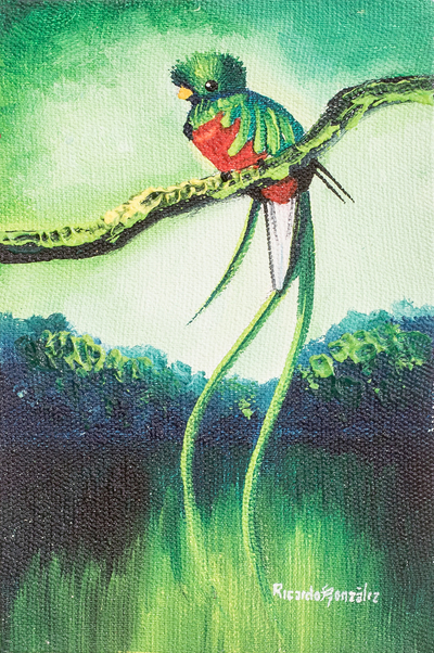 'Quetzal at the Waterfalls' - Pintura firmada en acrílico y óleo de Quetzal y Cascada