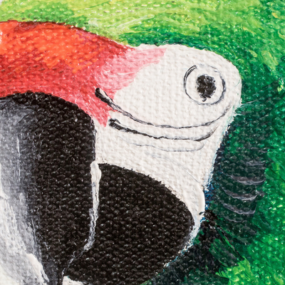 'Free Macaw' - Pintura impresionista en acrílico y óleo de un guacamayo verde