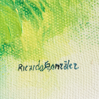 'Free Macaw' - Pintura impresionista en acrílico y óleo de un guacamayo verde