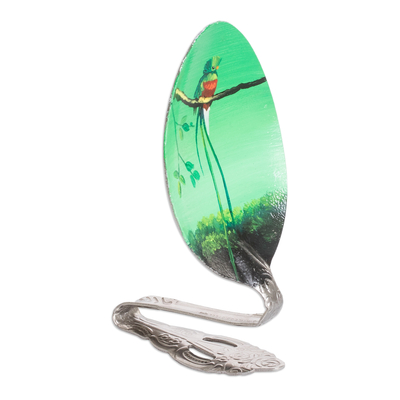 Stainless steel decorative accent, 'Petite Quetzal' - Stainless Steel Decorative Bent Spoon with Hand-Painted Bird