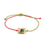 Coconut shell macrame pendant bracelet, 'Quetzal Close Up' - Hand-Painted Coconut Shell Macrame Bird Pendant Bracelet