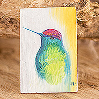 Wood magnet, 'Colorful Hummingbird' - Pinewood Hummingbird Magnet Crafted and Painted by Hand