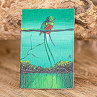 Wood magnet, 'Looking at Nature' - Pinewood Magnet of Quetzal Bird Crafted and Painted by Hand