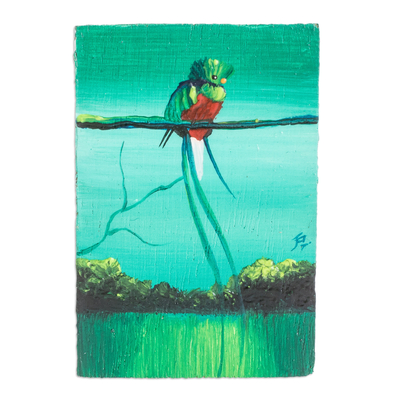 Wood magnet, 'Looking at Nature' - Pinewood Magnet of Quetzal Bird Crafted and Painted by Hand