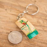 Coconut shell keychain, 'Curious Quetzal' - Guatemalan Hand-Painted Coconut Shell Quetzal Bird Keychain