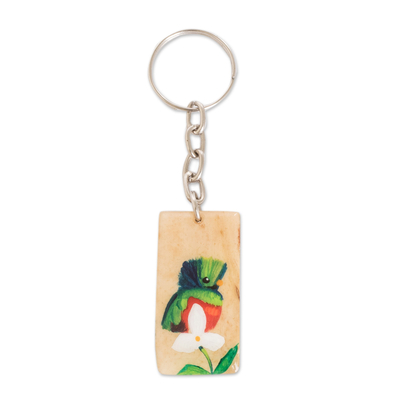 Hand-Painted Quetzal Bird and Flower Coconut Shell Keychain