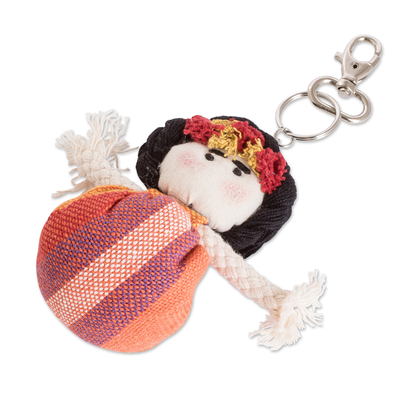 Cotton keychain, 'My Land' - Multicolored Cotton Doll Keychain Hand-Woven in Costa Rica