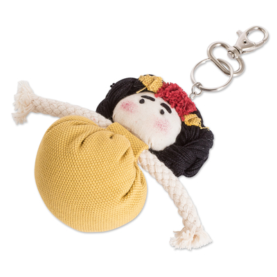 Cotton keychain, 'The Coast' - Yellow Cotton Doll Keychain Hand-Woven in Costa Rica