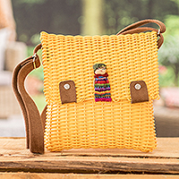 Handwoven sling bag, 'Beautiful Land' - Eco-Friendly Handwoven Sling Bag in Yellow with Worry Doll