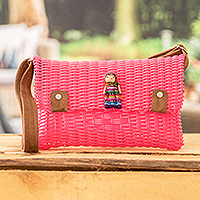 Handwoven sling bag, 'Floral Aroma' - Eco-Friendly Handwoven Sling Bag in Pink with Worry Doll