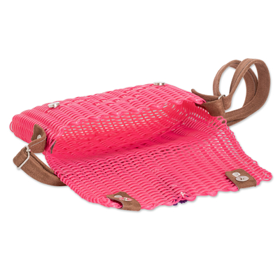 Handwoven sling bag, 'Floral Aroma' - Eco-Friendly Handwoven Sling Bag in Pink with Worry Doll