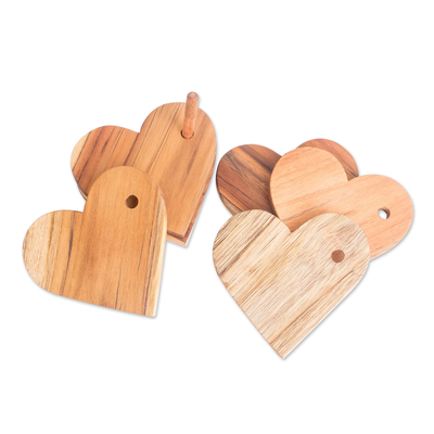 Teak coasters, 'United by Love' (set of 6) - 6 Heart-Shaped Teakwood Coasters with Stand from Guatemala