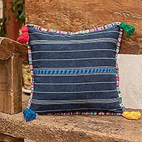 Cotton cushion cover, 'Land of Traditions' - Handwoven Blue Cotton Cushion Cover with Zipper Closure