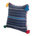 Cotton cushion cover, 'Land of Traditions' - Handwoven Blue Cotton Cushion Cover with Zipper Closure