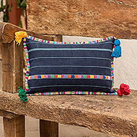 Cotton cushion cover, 'Land of Traditions' (12x18) - Woven Blue Cotton Cushion Cover with Zipper Closure (12x18)