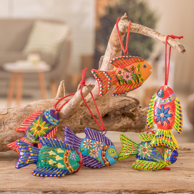 Ceramic ornaments, 'Marine Celebration' (set of 6) - Set of 6 Fish-Themed Hand-Painted colourful Ceramic Ornaments