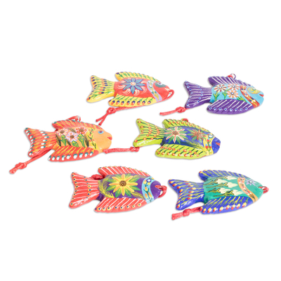 Adornos de cerámica, (juego de 6) - Juego de 6 coloridos adornos de cerámica pintados a mano con temática de peces