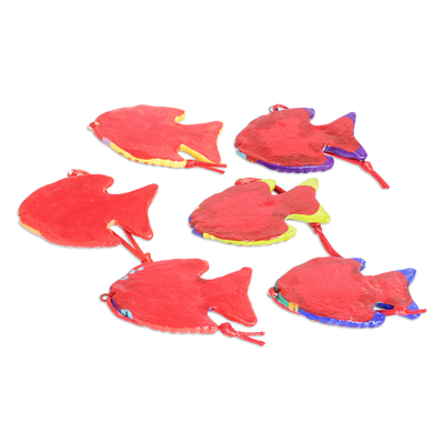 Ceramic ornaments, 'Marine Celebration' (set of 6) - Set of 6 Fish-Themed Hand-Painted colourful Ceramic Ornaments