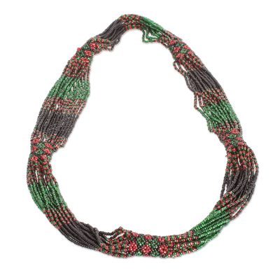 Multi-strand beaded necklace, 'Harmony in Green' - Multi-Strand Beaded Necklace in Green Red and Black