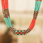 Multi-strand beaded necklace, 'Harmony in Aquamarine' - Multi-Strand Beaded Necklace in Aqua Orange and Bronze