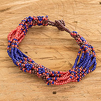 Multi-strand beaded wristband bracelet, 'Balance in Blue' - Multi-Strand Beaded Wristband Bracelet in Blue Red & Purple