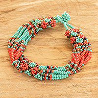 Multi-strand beaded wristband bracelet, 'Balance in Aqua' - Multi-Strand Beaded Wristband Bracelet in Orange and Aqua