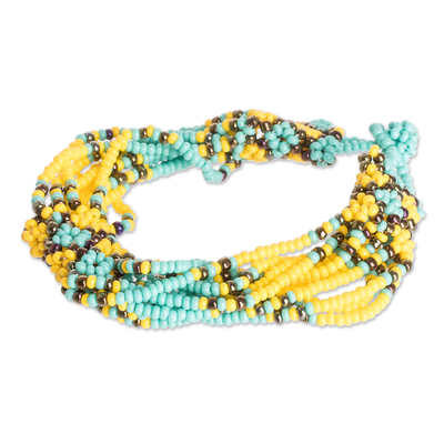 Multi-strand beaded wristband bracelet, 'Balance in Yellow' - Multi-Strand Beaded Wristband Bracelet in Yellow and Aqua