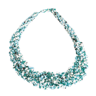Beaded statement necklace, 'Turquoise Textures' - Handmade Beaded Statement Necklace in Turquoise Aqua & White