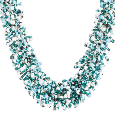 Beaded statement necklace, 'Turquoise Textures' - Handmade Beaded Statement Necklace in Turquoise Aqua & White