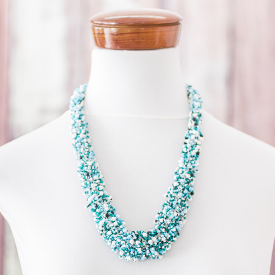 Beaded statement necklace, 'Turquoise Textures' - Handmade Beaded Statement Necklace in Turquoise Aqua & White