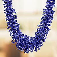 Beaded statement necklace, 'Intense Blue Textures' - Blue Beaded Statement Necklace Handmade in Guatemala