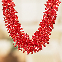 Beaded statement necklace, 'Red Textures'