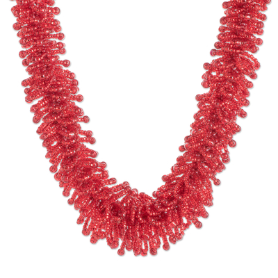 Beaded statement necklace, 'Red Textures' - Red Beaded Statement Necklace Hand-Crafted in Guatemala