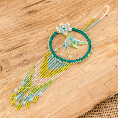 Glass beaded dreamcatcher, 'Turquoise Nature' - Green and Turquoise Hummingbird Glass Beaded Dreamcatcher