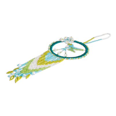 Glass beaded dreamcatcher, 'Turquoise Nature' - Green and Turquoise Hummingbird Glass Beaded Dreamcatcher