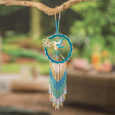 Traumfänger mit Glasperlen, 'Erfrischende Natur' - Blauer und goldener Kolibri Glasperlen Traumfänger