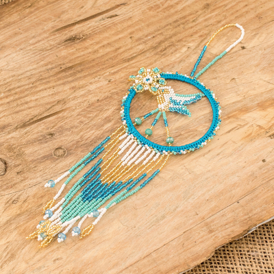 Glass beaded dreamcatcher, 'Refreshing Nature' - Blue and Golden Hummingbird Glass Beaded Dreamcatcher