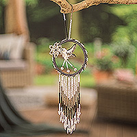 Glass beaded dreamcatcher, 'Grey Nature' - Grey and Black Hummingbird Glass Beaded Dreamcatcher