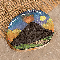 Wood magnet, 'Pacaya Volcano' - Handmade Painted Coffee Tree Wood Magnet with Petrified Lava