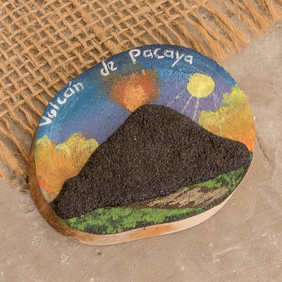 Wood magnet, 'Pacaya Volcano' - Handmade Painted Coffee Tree Wood Magnet with Petrified Lava