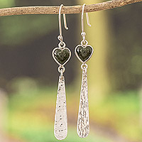 Jade dangle earrings, 'Green Heart' - Heart-Themed Sterling Silver Dangle Earrings with Green Jade