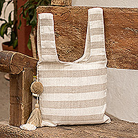 Cotton shopping bag, 'Eco-Friendly Style' - Eco-Friendly Reusable Ivory & Light Brown Shopping Tote Bag