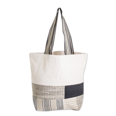 Cotton tote bag, 'Eco-Friendly Patchwork' - Eco-Friendly Tote Bag with Upcycled Patchwork Accents