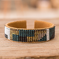 Leather-accented glass beaded cuff bracelet, 'Geometric Sparkles'