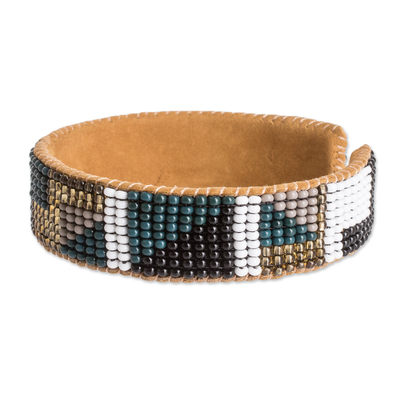 Leather-accented glass beaded cuff bracelet, 'Geometric Sparkles' - Geometric Glass Beaded Cuff Bracelet with Leather Accents