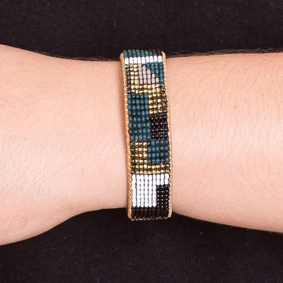 Leather-accented glass beaded cuff bracelet, 'Geometric Sparkles' - Geometric Glass Beaded Cuff Bracelet with Leather Accents