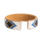 Leather-accented glass beaded cuff bracelet, 'Deity Diamonds' - Ivory and Blue Glass Beaded Cuff Bracelet with Leather