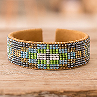 Leather-accented glass beaded cuff bracelet, 'colourful Blooming' - Floral Glass Beaded Cuff Bracelet with Leather Structure